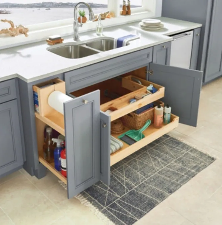 A kitchen with an open cabinet and sink.